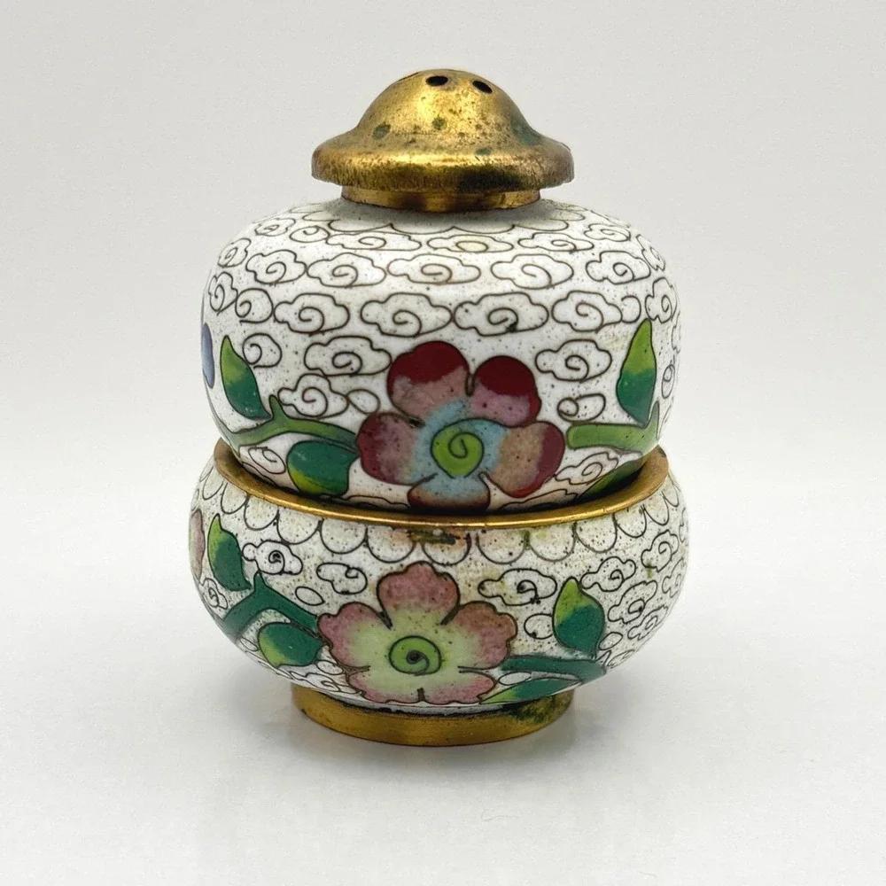 Vintage Chinese Cloisonne Enamel Salt Cellar Pepper Shaker Set Floral Gold